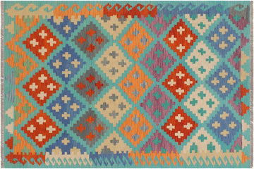 Flat Weave Kilim, Antique, Navaho, Vintage, Handmade, Modern Kilim Blue Rust Hand-Woven Rectangle 100% Wool Area Rug 4 x 6